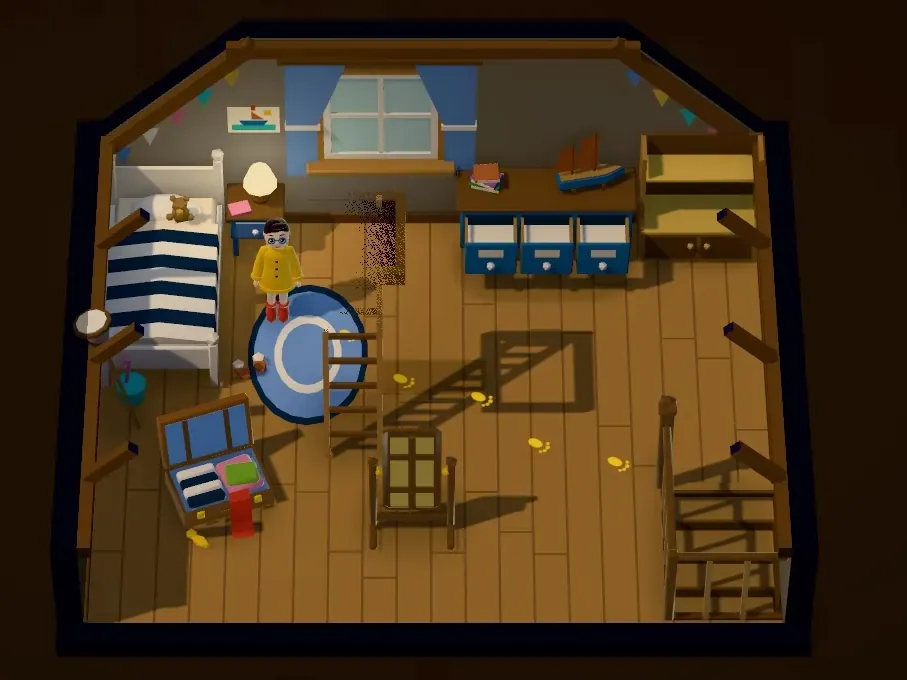 Image du jeu : la chambre de l’enfant, avec son lit rayé, son tapis rond et son parquet.