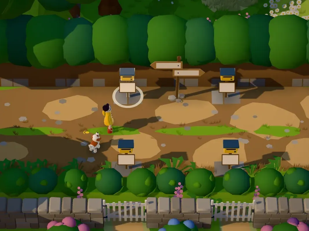 Image du jeu : les champs de la ferme, bordés de haies et d’une barrière blanche.
