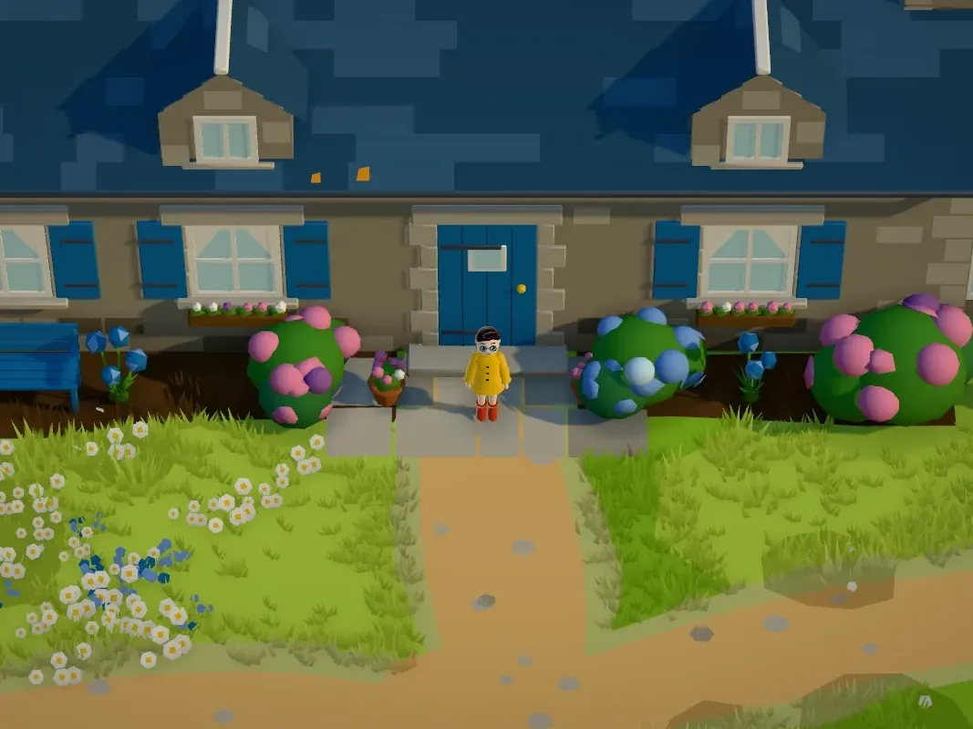 Image du jeu : l’enfant en ciré jaune devant la porte bleue, entre les massifs d’hortensias.