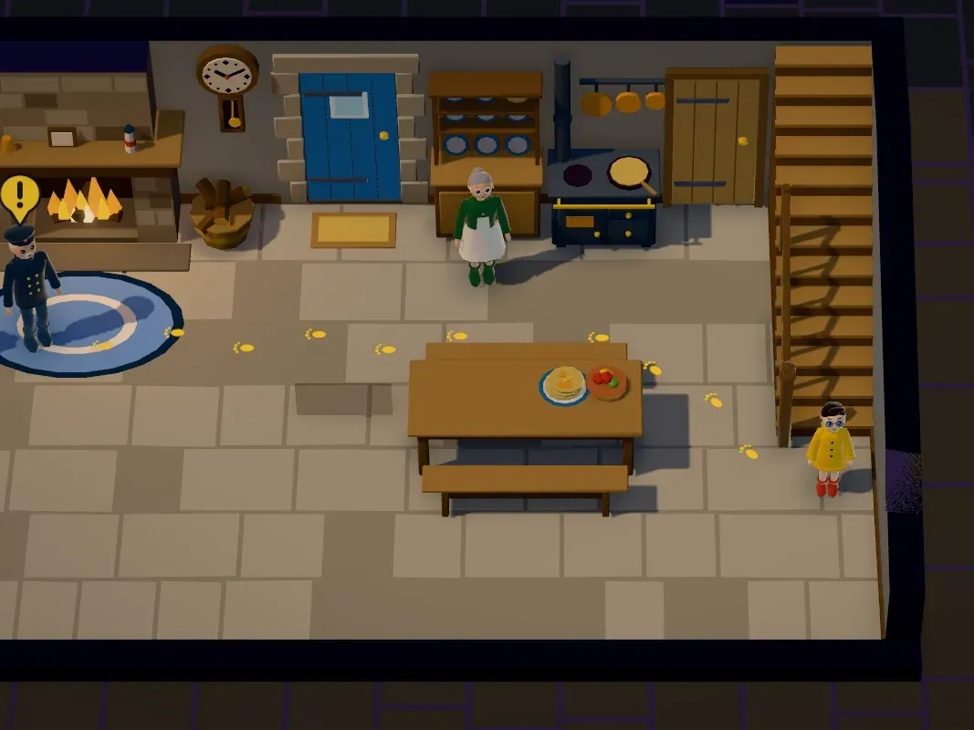 Image du jeu : la cuisine aux dalles de pierre, avec la cuisinière, la grande table et la famille.