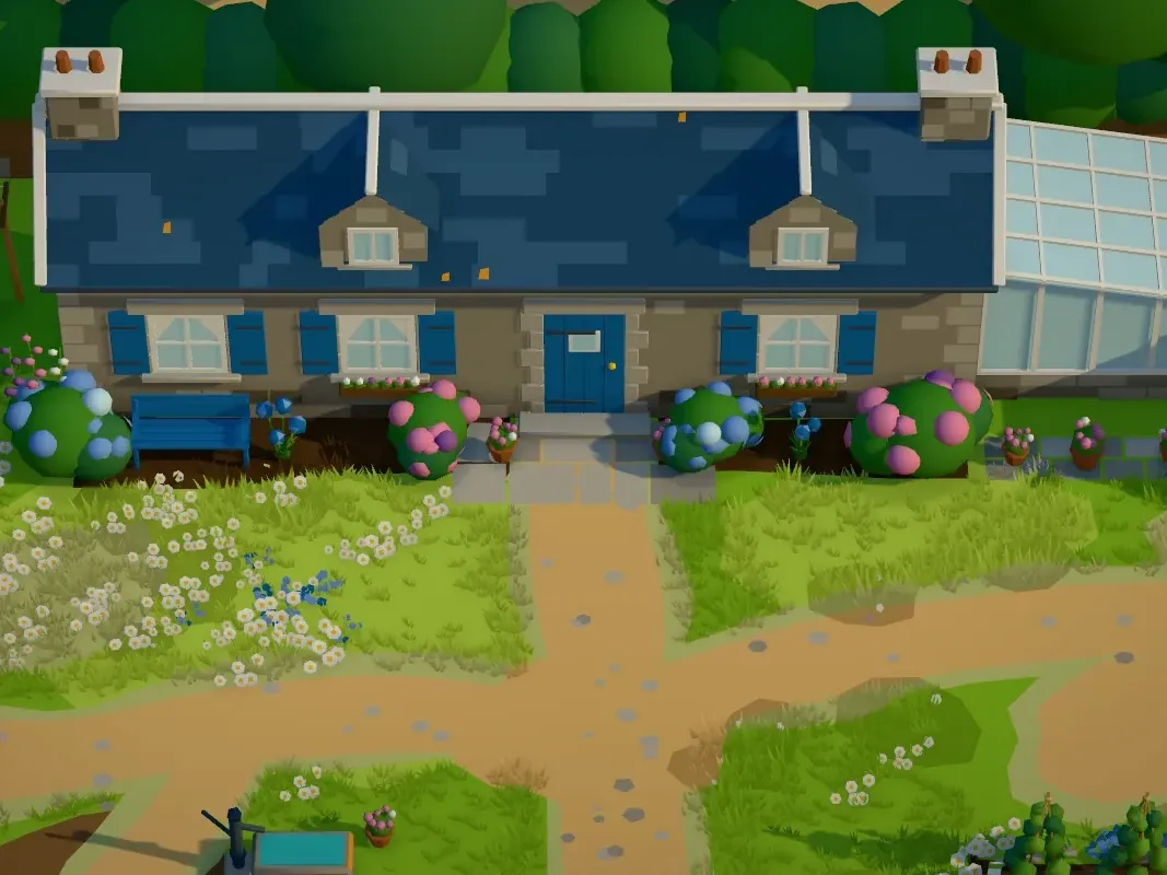 Image du jeu : la longère en granit aux volets bleus, ses hortensias et le chemin de sable qui traverse le jardin.